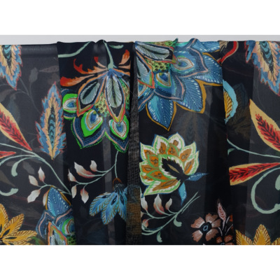Tissu Mousseline 100 % Soie Fleurs Ethniques Noir 
