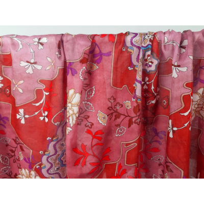Tissu Voile Coton / Soie Fleurs Graphiques Rouge
