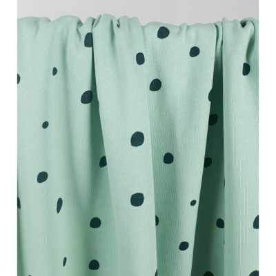 Tissu Maille Molleton Gratté Coton BIO Pois Irrégulier Céladon